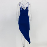 Santune Summer Asymmetrical Deep V Neck Split Blue Dress Backless Women Dress Sexy Apparel Party 2017 Club Bodycon Dresses