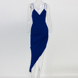 Santune Summer Asymmetrical Deep V Neck Split Blue Dress Backless Women Dress Sexy Apparel Party 2017 Club Bodycon Dresses