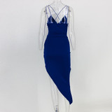 Santune Summer Asymmetrical Deep V Neck Split Blue Dress Backless Women Dress Sexy Apparel Party 2017 Club Bodycon Dresses