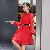 New 2017 Women Autumn Elegant Black Lace Patchwork Long Sleeve Dress with Belt Casual Turtleneck ck Soft Dress Plus Size S -4XL