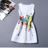 New 2017 summer women floral print dress sleeveless o neck vintage casual dresses colorful knee length dress