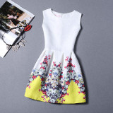 New 2017 summer women floral print dress sleeveless o neck vintage casual dresses colorful knee length dress