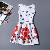 New 2017 summer women floral print dress sleeveless o neck vintage casual dresses colorful knee length dress