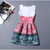 New 2017 summer women floral print dress sleeveless o neck vintage casual dresses colorful knee length dress
