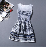 New 2017 summer women floral print dress sleeveless o neck vintage casual dresses colorful knee length dress