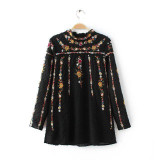 New European Women Black Shirt Fashion Floral Embroidered Women Blouses Ruffled  Ladies Tops Xfr5120