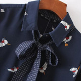 New Euro Fashion Women Vintage Bird printing Long sleeve Shirts Casual Bow tie Blouse Loose Tops chemise femme blusas S1310