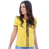 New elegant Ruffles shirt women OL formal slim stand collar short sleeve chiffon blouse office ladies work wear tops