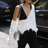 NOTEVILK Brand Irregular Sweater Woman Autumn Winter Knitted Pullovers 2017 Fashion Tassel Sexy Dark V-Neck Crop Sweater