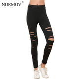 NORMOV S-XL Women Push Up Ripped Leggings Workout Black Leggins Workout Hollow Out Breathable Slim Leggings Women