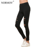 NORMOV S-XL Women Push Up Ripped Leggings Workout Black Leggins Workout Hollow Out Breathable Slim Leggings Women