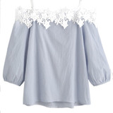 Newest Summer Women Blouses Nine Quarter Sleeve Floral Crochet Lace Blouse Sexy Slash Neck Strapless Shirt Tops Elegant Blusas