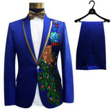 Newest Plus Size Men Formal Suits Fashion Black Blue Paillette Embroidered Male Singer Slim Party Prom Sequins Peacock SUITS SET