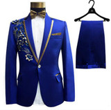 Newest Plus Size Men Formal Suits Fashion Black Blue Paillette Embroidered Male Singer Slim Party Prom Sequins Peacock SUITS SET