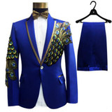 Newest Plus Size Men Formal Suits Fashion Black Blue Paillette Embroidered Male Singer Slim Party Prom Sequins Peacock SUITS SET