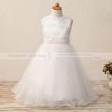 2017 New Custom Made Cute Bow  Ball Gown Ivory Tulle  Flower Girl Dresses 2017 Belt With Flower Lace Floor Length Gown Cheap
