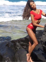 Red Off-the-shoulder Two-pieces Bikini Swimwear
