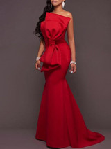 Red Strapless Bow-embellished Evening Dress