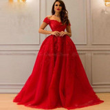 Red Puffy Arabic Evening Gowns Off the Shoulder Lace Appliques Beaded Long Evening Dress in Dubai Robe De Soiree Kaftan Gowns