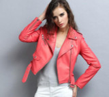 Red Leather Jacket Women Short White Motorcycle Biker Jackets Veste Cuir Femme Pink Black Soft Coats Blouson Cuir Femme UV1063