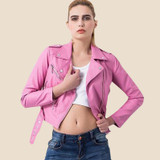 Red Leather Jacket Women Short White Motorcycle Biker Jackets Veste Cuir Femme Pink Black Soft Coats Blouson Cuir Femme UV1063