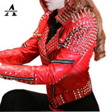 Red Leather Jacket Women Punk Rivets Studded Motorcycle Leather Spiked Leather Jackets Veste En Cuir Femme Cazadora Cuero Mujer