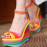 Rainbow Color Woman Sandals Platform Wedge Heel Bohemia Casual Summer Peep Toe Buckle Shoes Woman