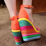 Rainbow Color Woman Sandals Platform Wedge Heel Bohemia Casual Summer Peep Toe Buckle Shoes Woman
