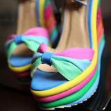 Rainbow Color Woman Sandals Platform Wedge Heel Bohemia Casual Summer Peep Toe Buckle Shoes Woman