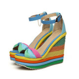 Rainbow Color Woman Sandals Platform Wedge Heel Bohemia Casual Summer Peep Toe Buckle Shoes Woman