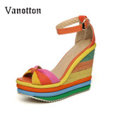 Rainbow Color Woman Sandals Platform Wedge Heel Bohemia Casual Summer Peep Toe Buckle Shoes Woman