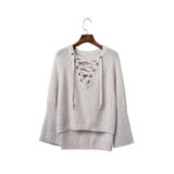 Lace up solid knitted Autumn Sweaters women Flare sleeve v-neck casual loose sweaters and pullovers knitting womens jumpers