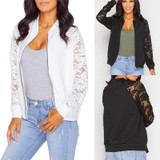 Lace Sleeve Women Autumn Basic Coats Long Sleeve Lace Patchwork Transparent Zipper Casual Slim Jacket Coat Bomber Jacket Outwear