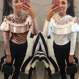 Lace See-through Crop Shirt Women Blouse Autumn Round Neck Long Sleeve Sexy Ladies Tops Lace Back Blouse