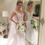 Lace Mermaid Deep V Neck Cap Sleeves Mermaid Long Wedding Dresses 2016 Sexy See Through Back Floor Length Wedding Dress SML30306