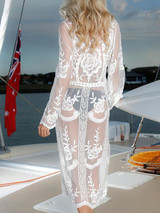 Lace Inwrought Beach Vacation Long Sleeve Mask Cover-ups Midi Dress