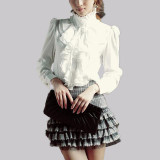 Lace Girl Fashion 2017 Stand Collar Long Sleeve Women Shirt OL Office Formal Elegant Ruffle Blouse Office Chiffon Tops Plus Size