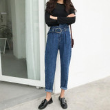 Kobeinc Boyfriend Jeans For Women Fashion Loose Women Jeans With High Waist Personality Asymmetrical Belt Vintage Denim Pants