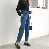 Kobeinc Boyfriend Jeans For Women Fashion Loose Women Jeans With High Waist Personality Asymmetrical Belt Vintage Denim Pants