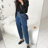 Kobeinc Boyfriend Jeans For Women Fashion Loose Women Jeans With High Waist Personality Asymmetrical Belt Vintage Denim Pants