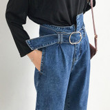 Kobeinc Boyfriend Jeans For Women Fashion Loose Women Jeans With High Waist Personality Asymmetrical Belt Vintage Denim Pants
