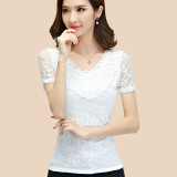 Big Size S-5XL Lady Lace Blouses 2016 Short Sleeve Shirts Embroidery Style Women White Shirts Black Tops