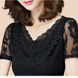 Big Size S-5XL Lady Lace Blouses 2016 Short Sleeve Shirts Embroidery Style Women White Shirts Black Tops