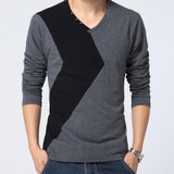 Big size cotton t shirt Spring/autumn fashion mens T-shirt homme men's long sleeved V-neck patchwork color casual T-shirts