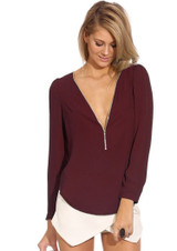 Hot Sale Women Blouses Zip Shirt Casual Long Sleeve V-neck Solid Color Chiffon Blouse Summer Autumn Femal Blouse