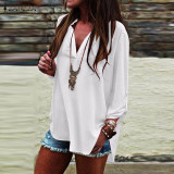 Hot Sale Women Blouses 2016 Vintage Sexy Blusas V Neck Long Sleeve Casual Loose Solid Chiffon Shirts Tops Tees Plus Size