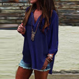 Hot Sale Women Blouses 2016 Vintage Sexy Blusas V Neck Long Sleeve Casual Loose Solid Chiffon Shirts Tops Tees Plus Size