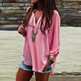 Hot Sale Women Blouses 2016 Vintage Sexy Blusas V Neck Long Sleeve Casual Loose Solid Chiffon Shirts Tops Tees Plus Size