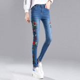 Hot sale Stretch Embroidered Jeans For Women Elastic Flower Jeans Female Pencil Denim Pants Rose Pattern Pantalon Femme