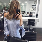 Hot Sale Sexy Fashion Bowknot Long Sleeve Blouse Casual Loose Blue Striped Off Shoulder Shirts Plus Size